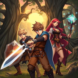 A dynamic fantasy scene featuring a teen male protagonist with brown hair, confidently holding a shining sword, flanked by two side characters