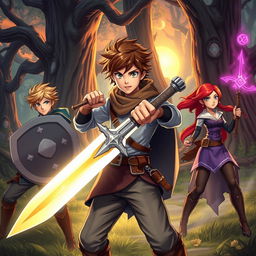 A dynamic fantasy scene featuring a teen male protagonist with brown hair, confidently holding a shining sword, flanked by two side characters