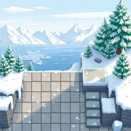 A top-down view of a seamless pixel art background depicting a cozy winter-themed area