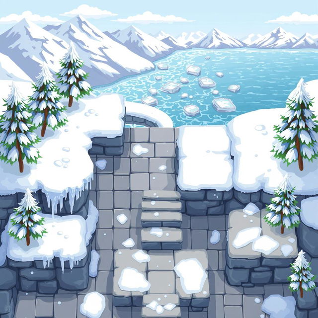 A top-down view of a seamless pixel art background depicting a cozy winter-themed area