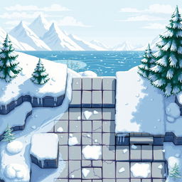 A top-down view of a seamless pixel art background depicting a cozy winter-themed area