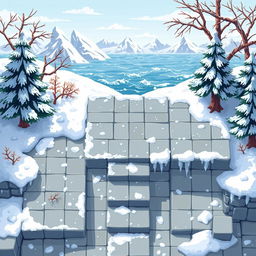 A top-down view of a seamless pixel art background depicting a cozy winter-themed area