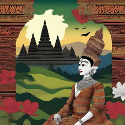 An image that artistically represents Indonesian culture, featuring a blend of traditional Batik patterns, a Wayang puppet, and the Borobudur Temple, all set against a vibrant backdrop of a lush Indonesian landscape