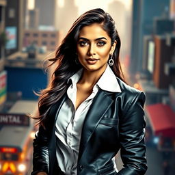 A glamorous portrait of a popular Indian actor, dressed in a stylish outfit that reflects modern fashion trends