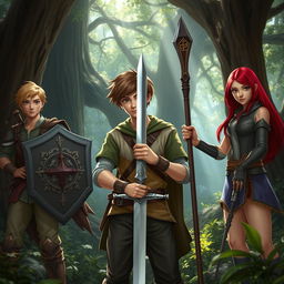 A semi-realistic scene featuring a teen male protagonist with brown hair, confidently holding a sword