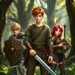 A semi-realistic scene featuring a teen male protagonist with brown hair, confidently holding a sword