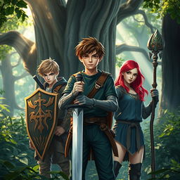 A semi-realistic scene featuring a teen male protagonist with brown hair, confidently holding a sword