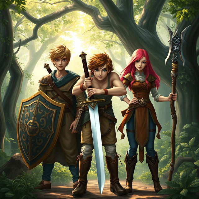 A semi-realistic scene featuring a teen male protagonist with brown hair, confidently holding a sword