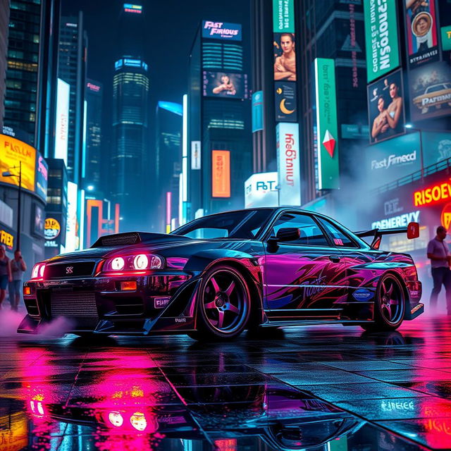 In a cyberpunk urban setting, a modified Nissan Skyline R34 stands out, adorned with an aggressive body kit inspired by the Fast and Furious franchise