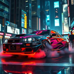 In a cyberpunk urban setting, a modified Nissan Skyline R34 stands out, adorned with an aggressive body kit inspired by the Fast and Furious franchise