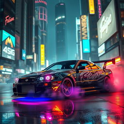 In a cyberpunk urban setting, a modified Nissan Skyline R34 stands out, adorned with an aggressive body kit inspired by the Fast and Furious franchise