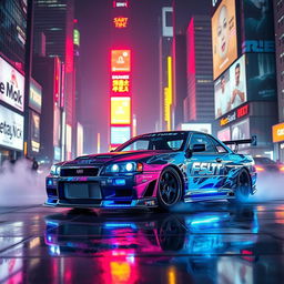 In a cyberpunk urban setting, a modified Nissan Skyline R34 stands out, adorned with an aggressive body kit inspired by the Fast and Furious franchise