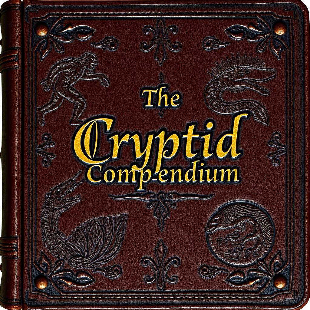 An ebook cover titled 'The Cryptid Compendium', designed to resemble an ancient leather book