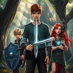 A semi-realistic fantasy scene showcasing a teen male protagonist with brown hair, confidently holding a single sword in one hand