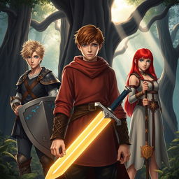 A semi-realistic fantasy scene showcasing a teen male protagonist with brown hair, confidently holding a single sword in one hand