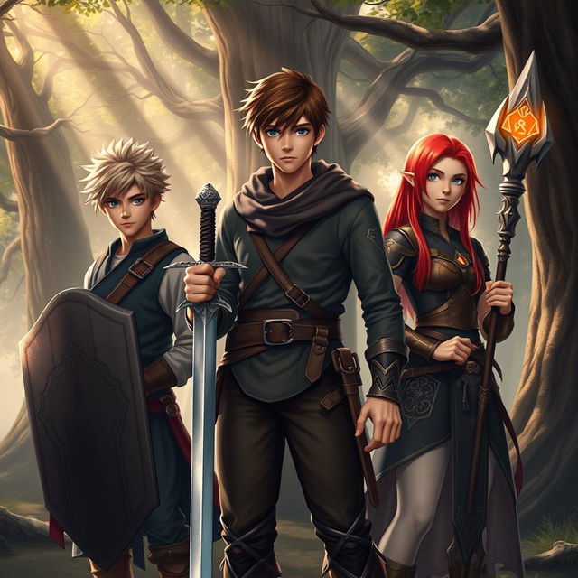 A semi-realistic fantasy scene showcasing a teen male protagonist with brown hair, confidently holding a single sword in one hand