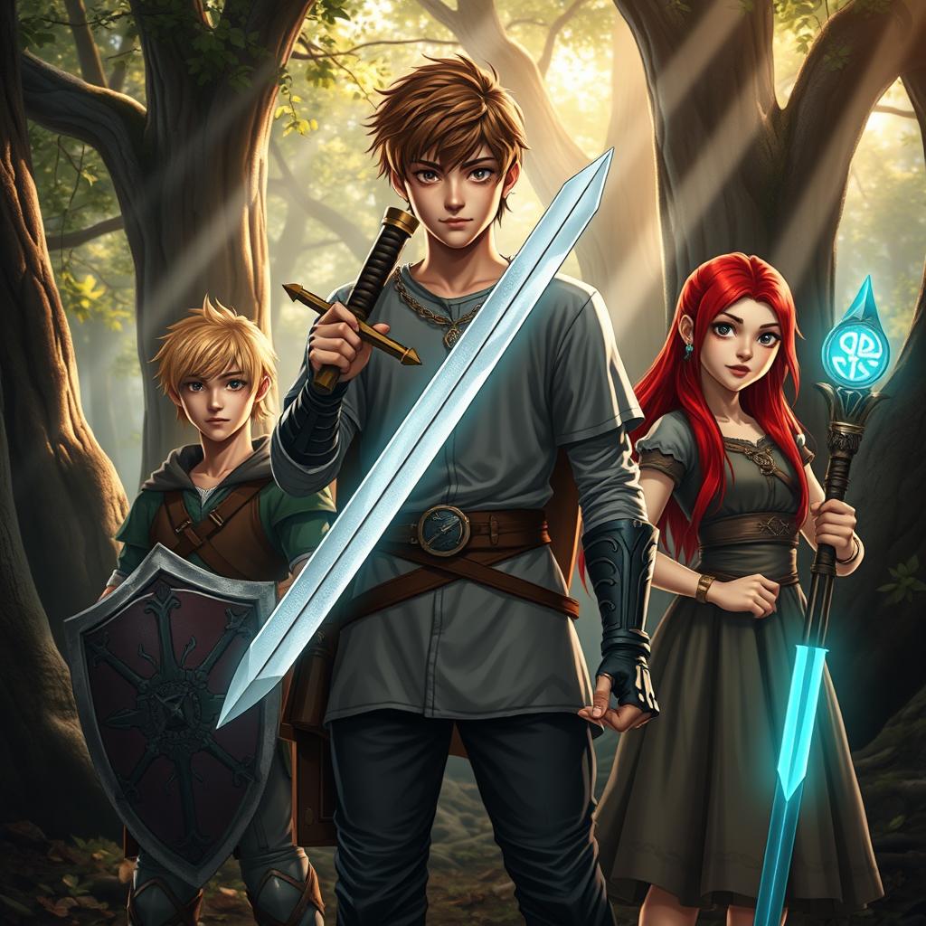 A semi-realistic fantasy scene showcasing a teen male protagonist with brown hair, confidently holding a single sword in one hand