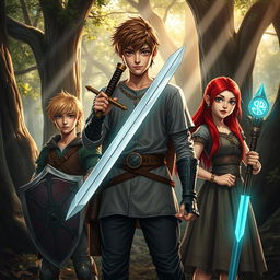 A semi-realistic fantasy scene showcasing a teen male protagonist with brown hair, confidently holding a single sword in one hand