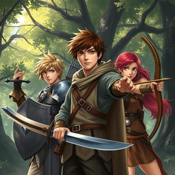 A semi-realistic fantasy scene depicting a teen male protagonist with brown hair, confidently holding a sword in one hand
