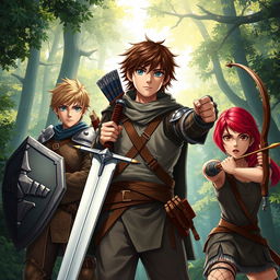 A semi-realistic fantasy scene depicting a teen male protagonist with brown hair, confidently holding a sword in one hand