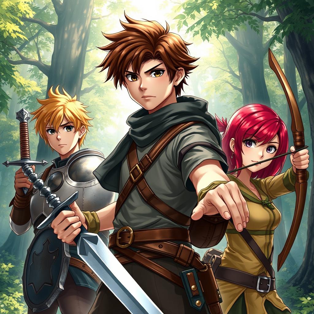 A semi-realistic fantasy scene depicting a teen male protagonist with brown hair, confidently holding a sword in one hand