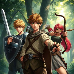 A semi-realistic fantasy scene depicting a teen male protagonist with brown hair, confidently holding a sword in one hand