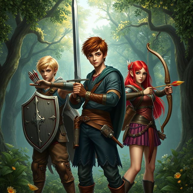 A realistic fantasy scene featuring a teen male protagonist with brown hair, confidently holding a sword in a battle-ready stance