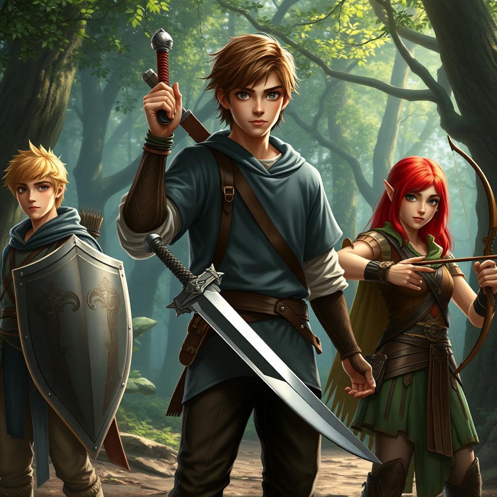 A realistic fantasy scene featuring a teen male protagonist with brown hair, confidently holding a sword in a battle-ready stance