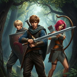 A realistic fantasy scene featuring a teen male protagonist with brown hair, confidently holding a sword in a battle-ready stance