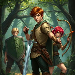 A realistic fantasy scene featuring a teen male protagonist with brown hair, confidently holding a sword in a battle-ready stance