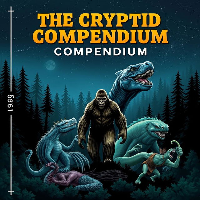 An intriguing eBook cover for 'The Cryptid Compendium', featuring an array of iconic cryptids including Bigfoot, the Loch Ness Monster, and the Jersey Devil