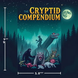 An intriguing eBook cover for 'The Cryptid Compendium', featuring an array of iconic cryptids including Bigfoot, the Loch Ness Monster, and the Jersey Devil