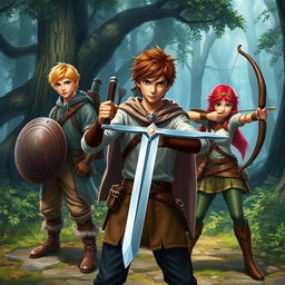 A realistic fantasy scene featuring a teen male protagonist with brown hair, firmly gripping a single sword in an assertive stance