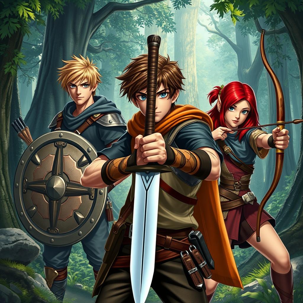 A realistic fantasy scene featuring a teen male protagonist with brown hair, firmly gripping a single sword in an assertive stance