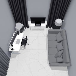 A top-down pixel art view of a modern room featuring gray walls and dark gray curtains