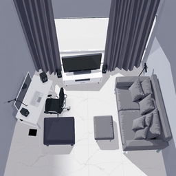 A top-down pixel art view of a modern room featuring gray walls and dark gray curtains