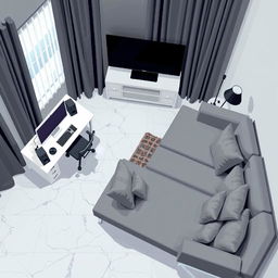 A top-down pixel art view of a modern room featuring gray walls and dark gray curtains