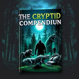 An engaging eBook cover for 'The Cryptid Compendium' showcasing an assortment of cryptids such as Bigfoot, the Loch Ness Monster, Mokele-Mbembe, and the Chupacabra