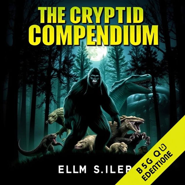 An engaging eBook cover for 'The Cryptid Compendium' showcasing an assortment of cryptids such as Bigfoot, the Loch Ness Monster, Mokele-Mbembe, and the Chupacabra