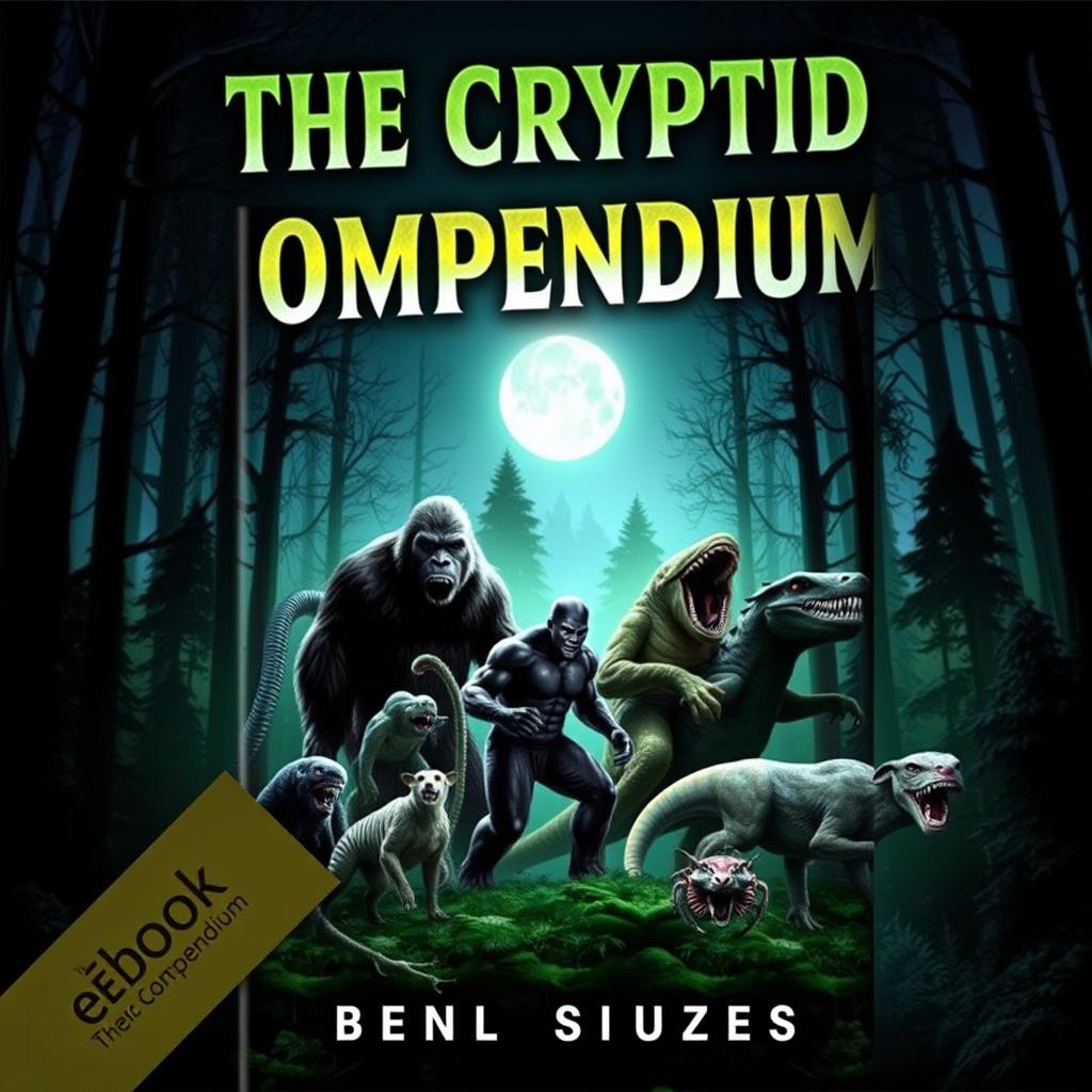 An engaging eBook cover for 'The Cryptid Compendium' showcasing an assortment of cryptids such as Bigfoot, the Loch Ness Monster, Mokele-Mbembe, and the Chupacabra