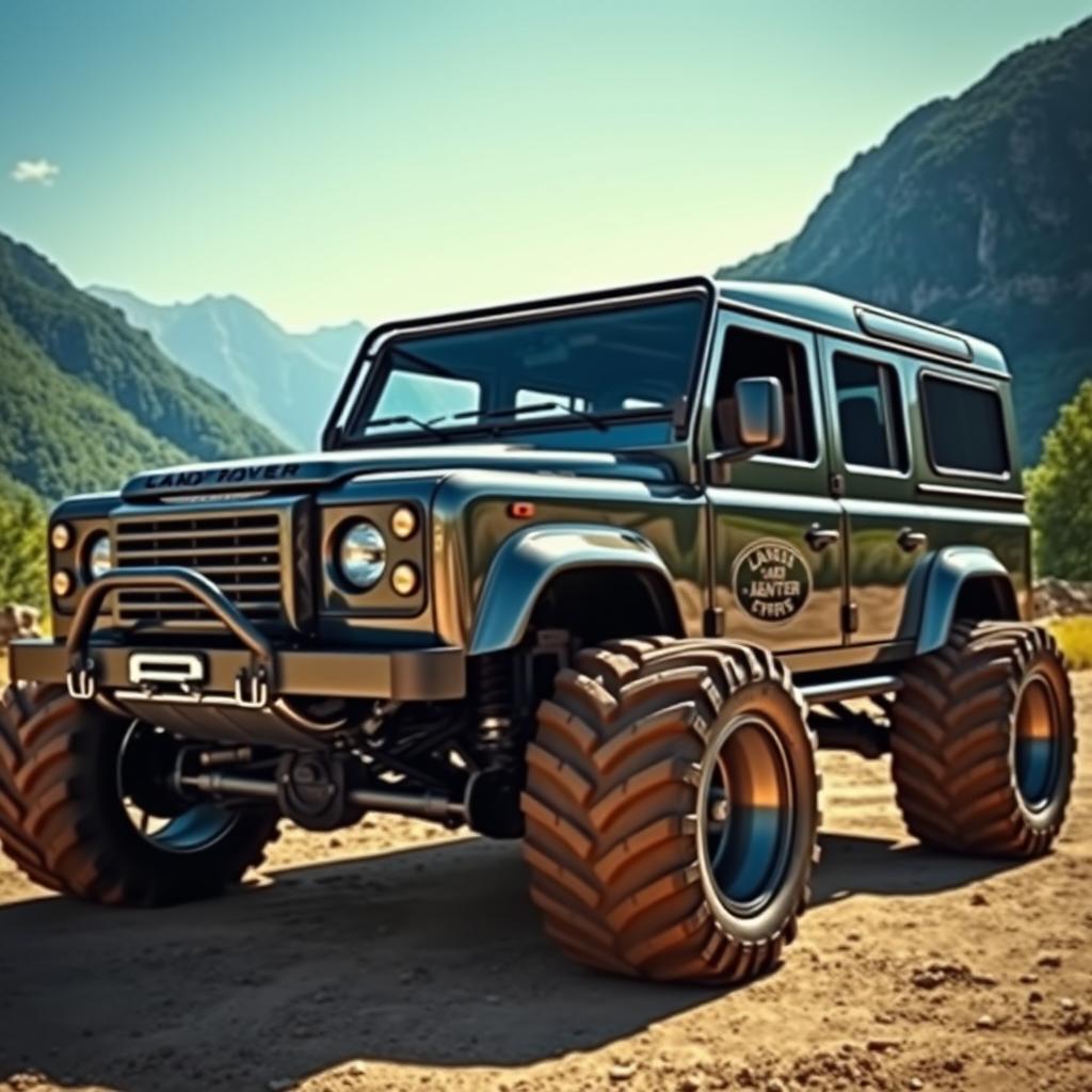 A Land Rover Defender modified with oversized monster truck wheels, showcasing its rugged and adventurous spirit