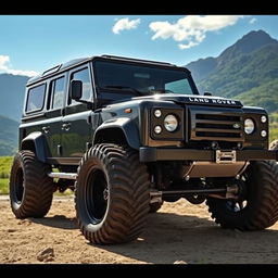 A Land Rover Defender modified with oversized monster truck wheels, showcasing its rugged and adventurous spirit