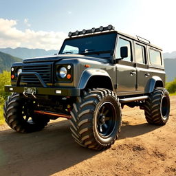A Land Rover Defender modified with oversized monster truck wheels, showcasing its rugged and adventurous spirit