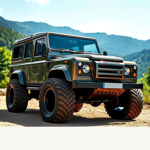 A Land Rover Defender modified with oversized monster truck wheels, showcasing its rugged and adventurous spirit