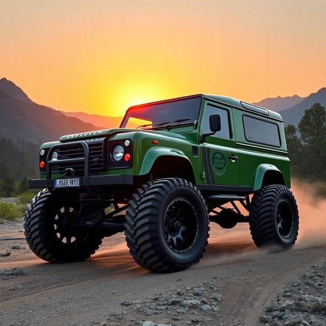 A rugged Land Rover Defender customized with massive monster truck wheels, featuring a wide arch body kit that perfectly accommodates the oversized tires