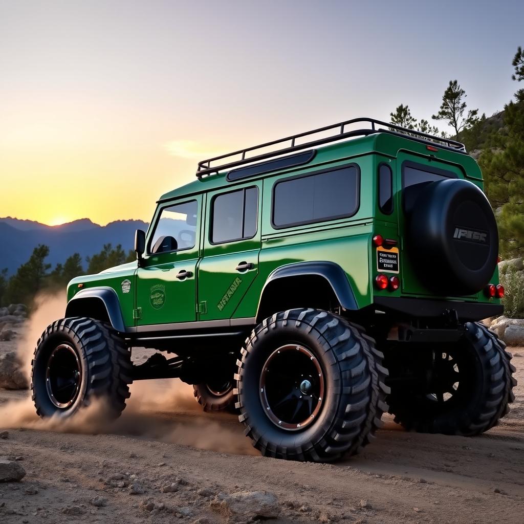 A rugged Land Rover Defender customized with massive monster truck wheels, featuring a wide arch body kit that perfectly accommodates the oversized tires