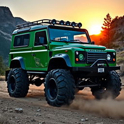 A rugged Land Rover Defender customized with massive monster truck wheels, featuring a wide arch body kit that perfectly accommodates the oversized tires