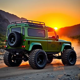 A rugged Land Rover Defender customized with massive monster truck wheels, featuring a wide arch body kit that perfectly accommodates the oversized tires