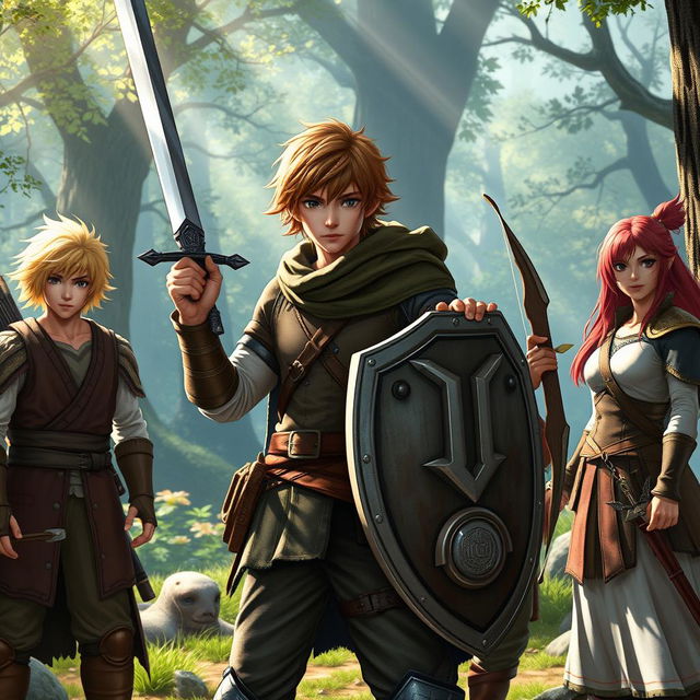 A realistic fantasy scene featuring a teen male protagonist with brown hair, confidently holding a single sword in a dynamic pose