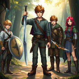 A realistic fantasy scene featuring a teen male protagonist with brown hair, confidently holding a single sword in a dynamic pose